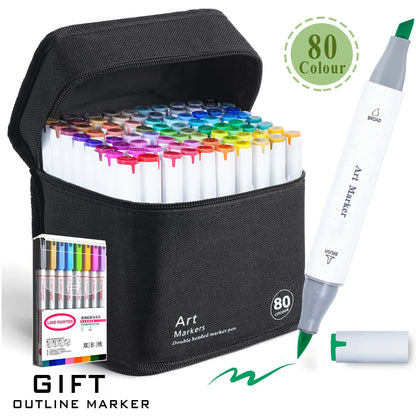 Set of 80 color art markers with a carrying case and gift outline marker on a white background