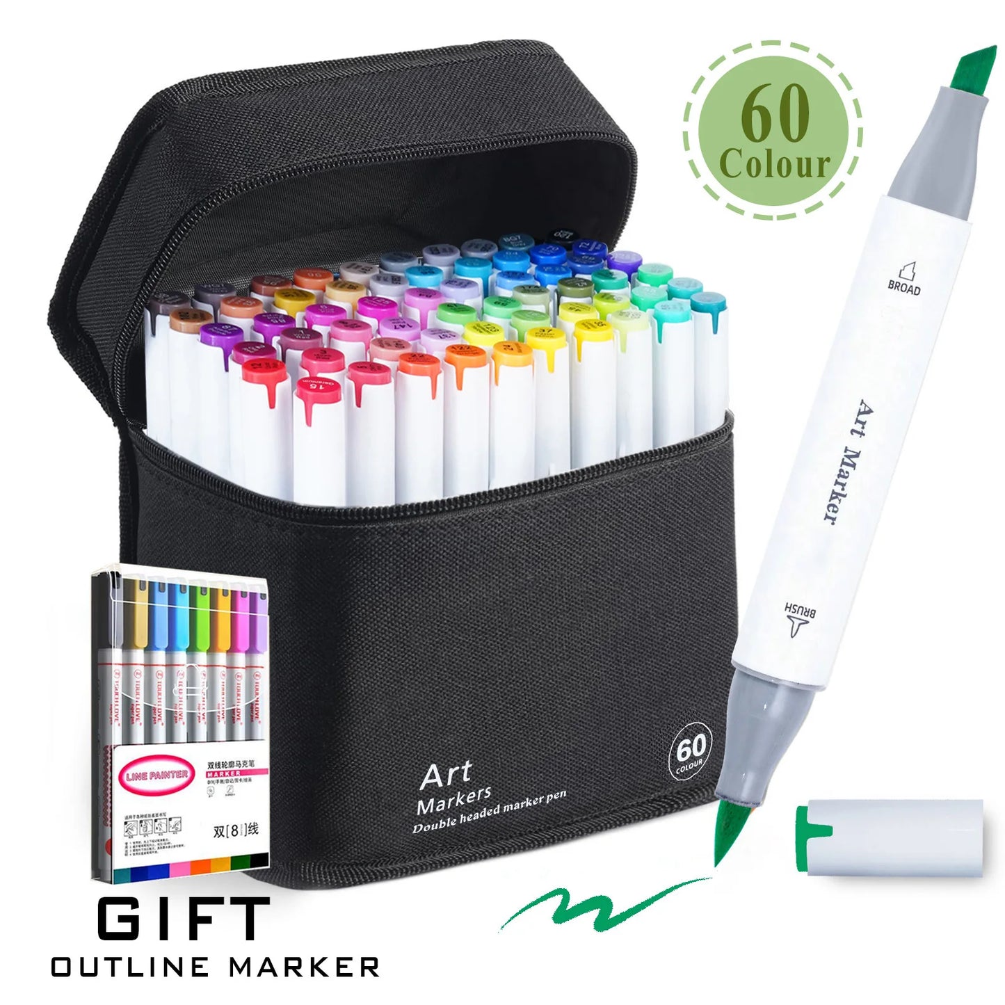 Set of 60 art markers with a carrying case on a white background