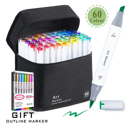 Set of 60 art markers with a carrying case on a white background