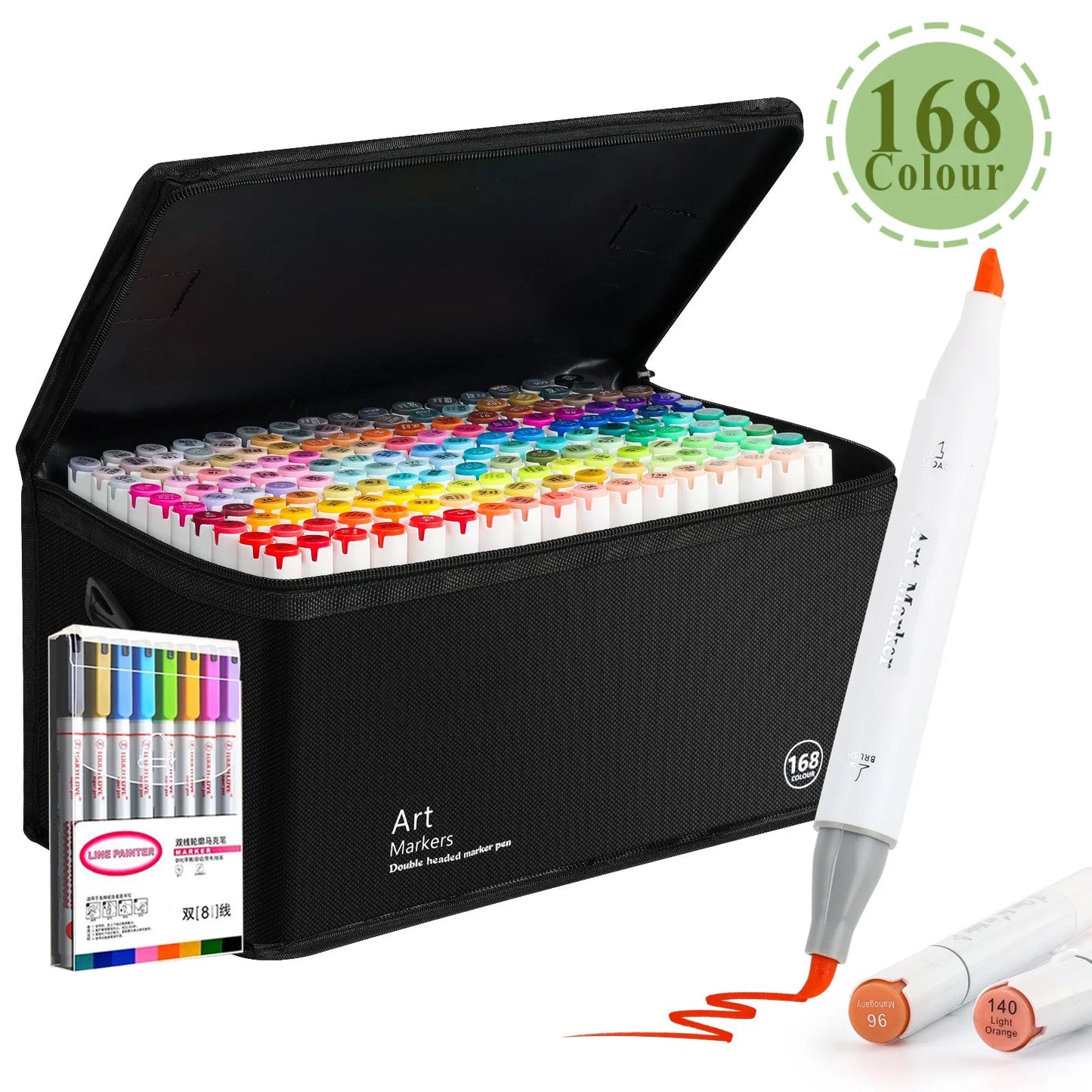 Set of art markers with a black case, including a gift outline marker, on a white background.