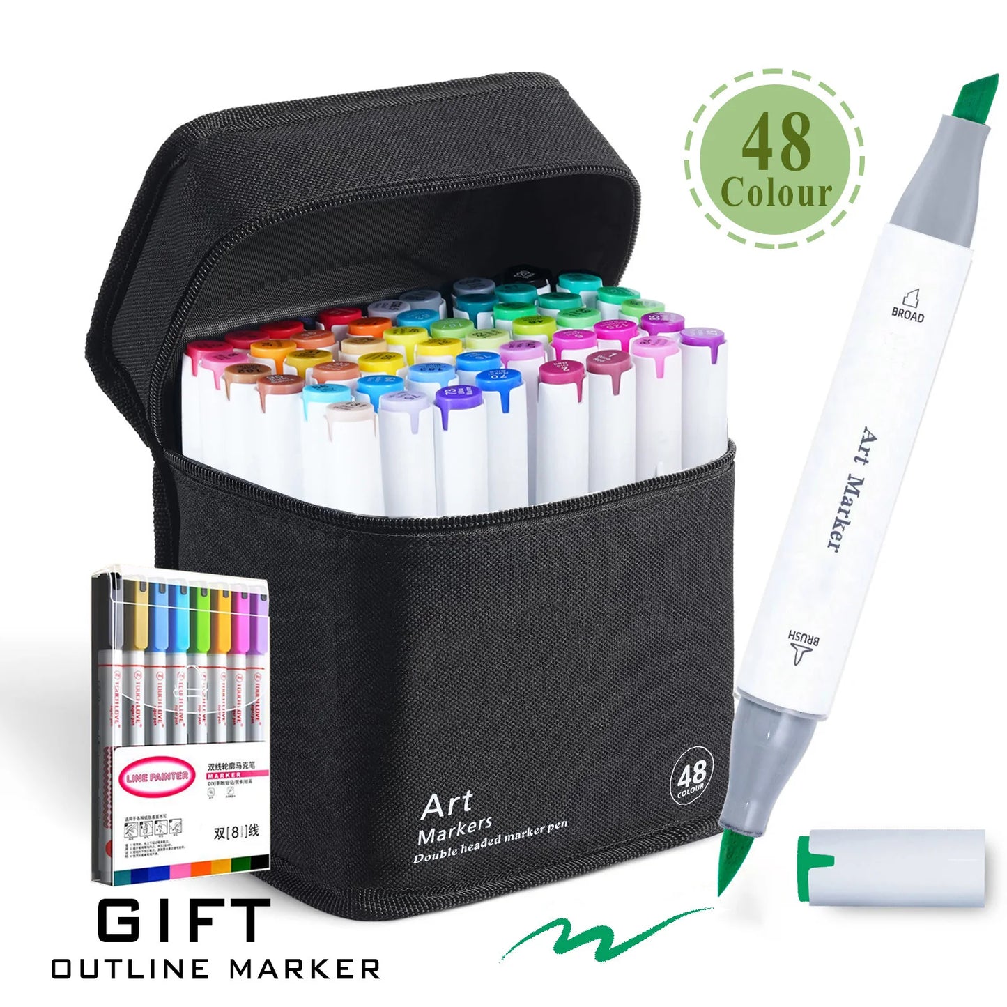Set of art markers with a carrying case and a gift outline marker on a white background
