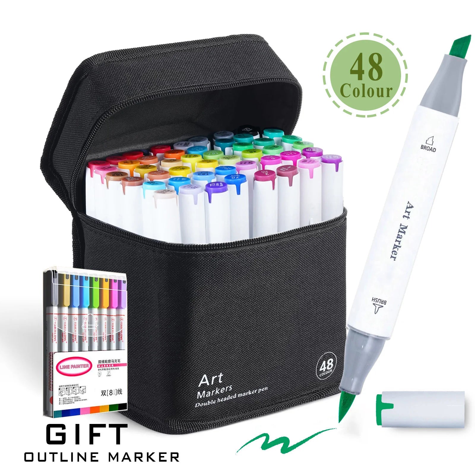 Set of art markers with a carrying case and a gift outline marker on a white background
