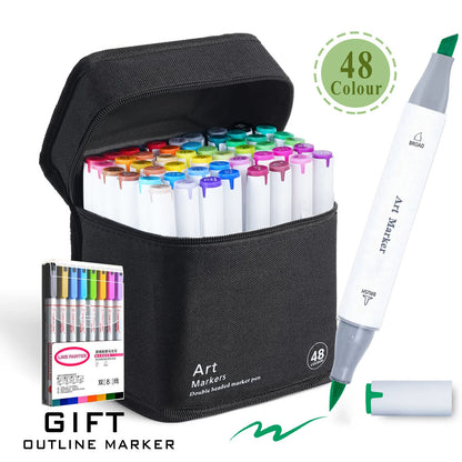 Set of art markers with a carrying case and a gift outline marker on a white background