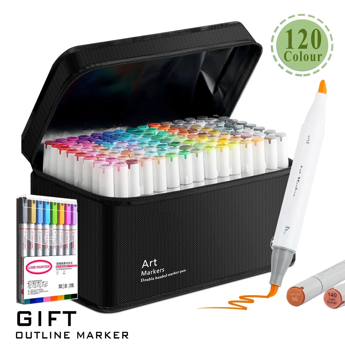 Set of art markers with a carrying case on a white background