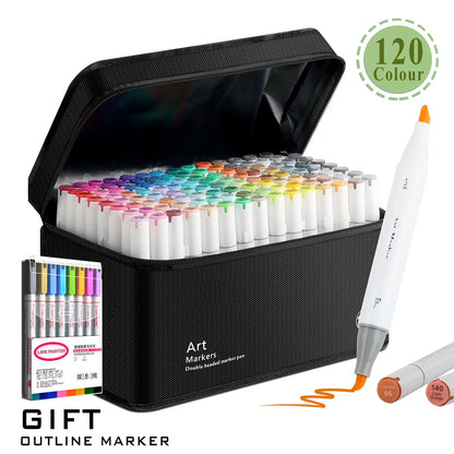 Set of art markers with a carrying case on a white background