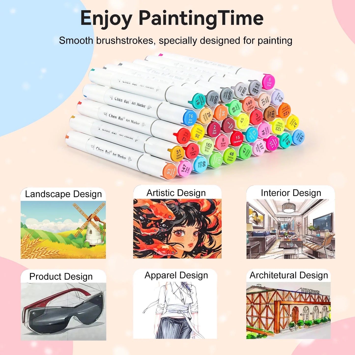 Set of markers with color chart and examples of design applications on a pastel background