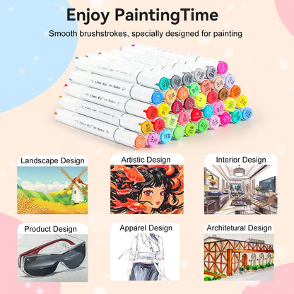 Set of markers with color chart and examples of design applications on a pastel background