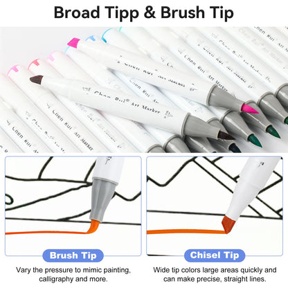 Art markers with brush and chisel tips on a white background