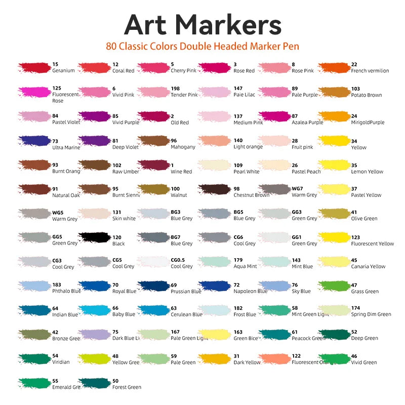 Color chart for Art Markers with various colors and names.