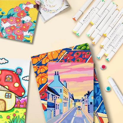 Colorful art supplies including markers and paper with artistic designs on a light beige background.