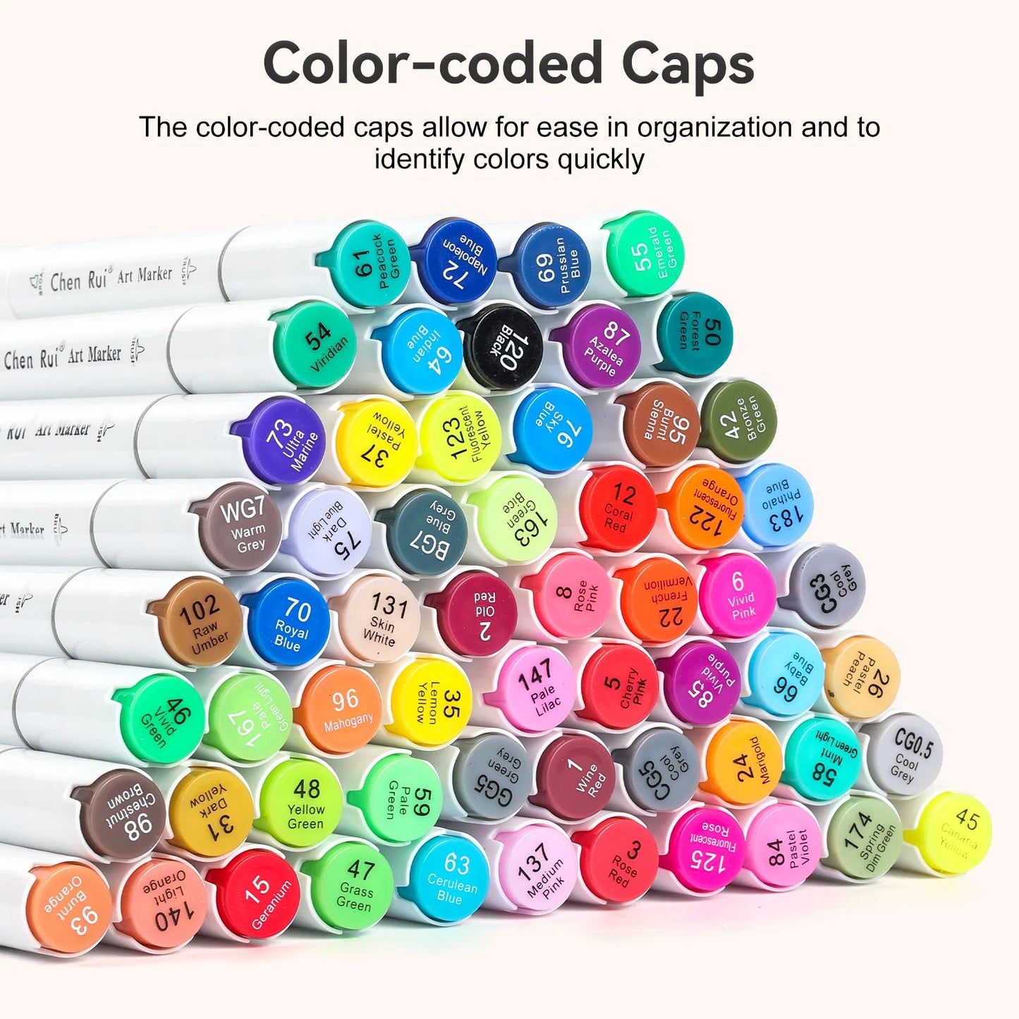 Color-coded markers with visible caps on a white background