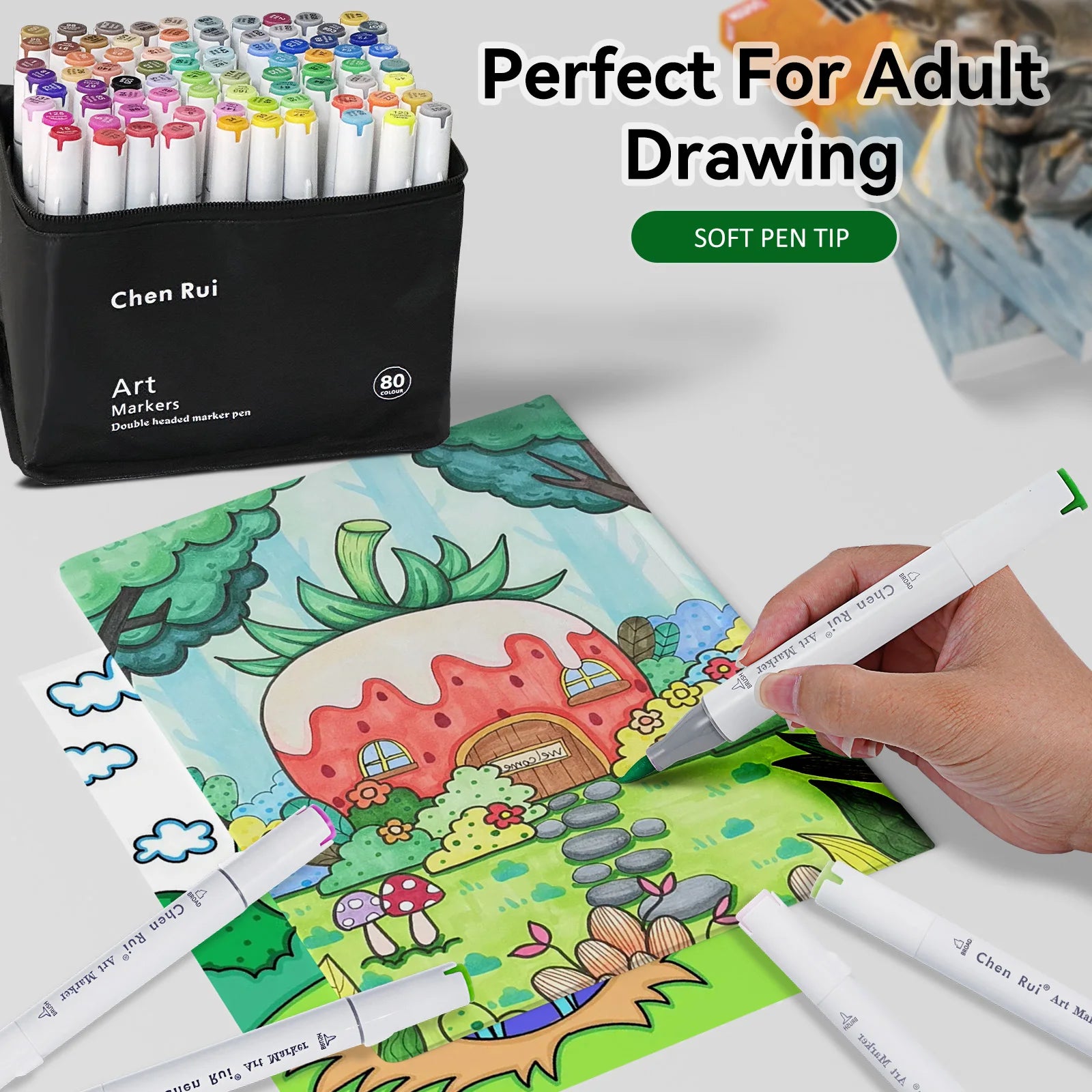 Chen Rui art markers with a coloring book and a hand using one of the markers.
