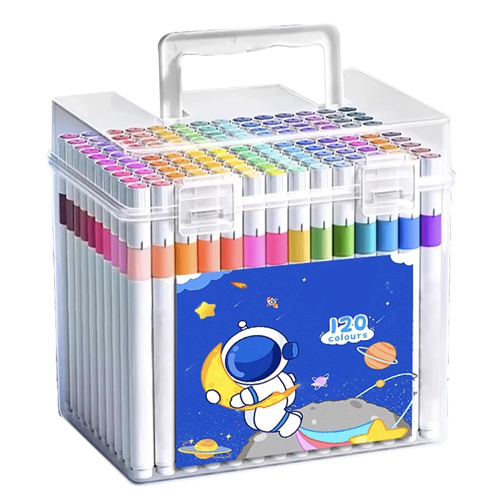 Set of colorful markers in a transparent carrying case with an astronaut design on a white background