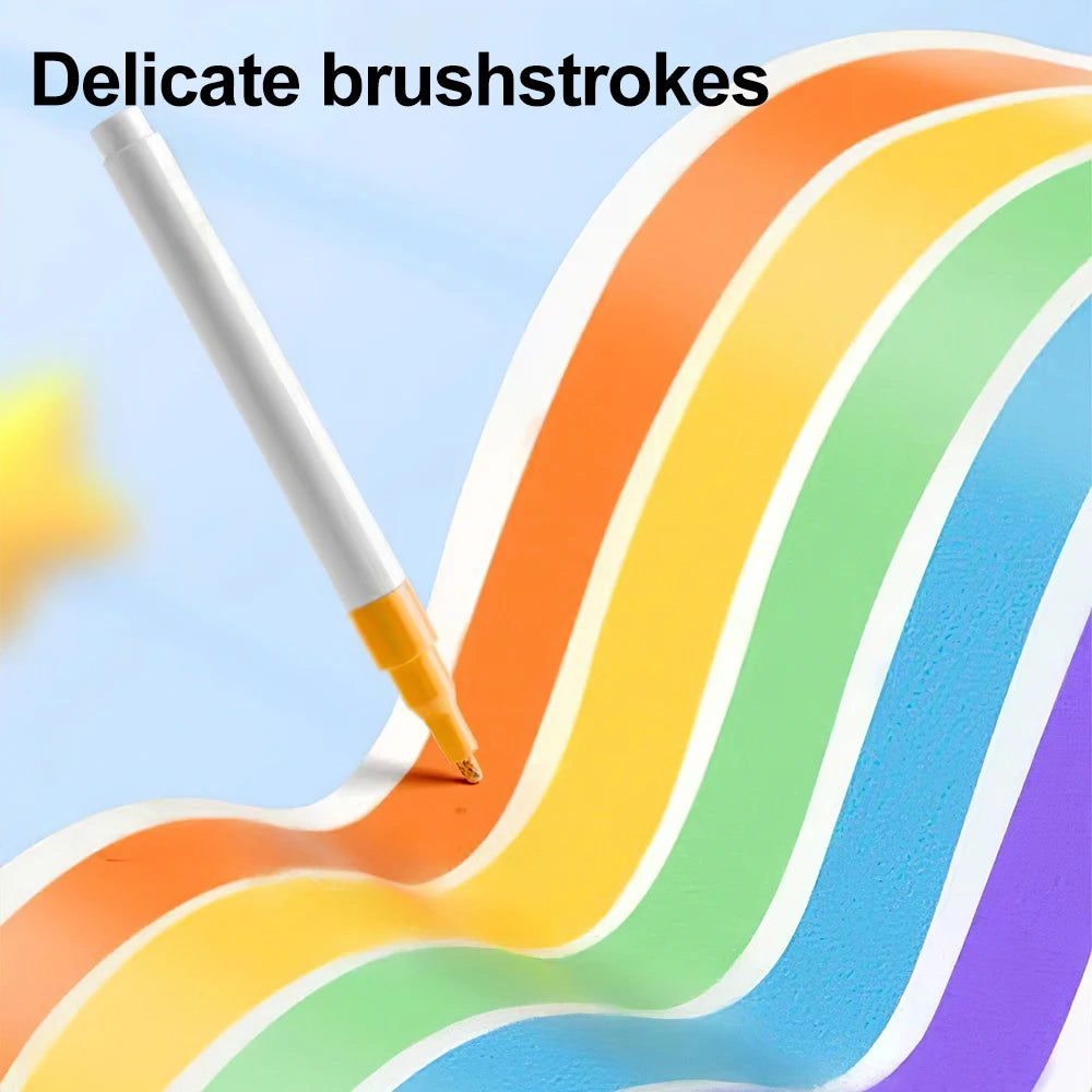 Colorful wavy lines being painted with a brush on a blue background, text 'Delicate brushstrokes' above.