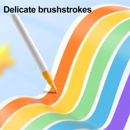 Colorful wavy lines being painted with a brush on a blue background, text 'Delicate brushstrokes' above.