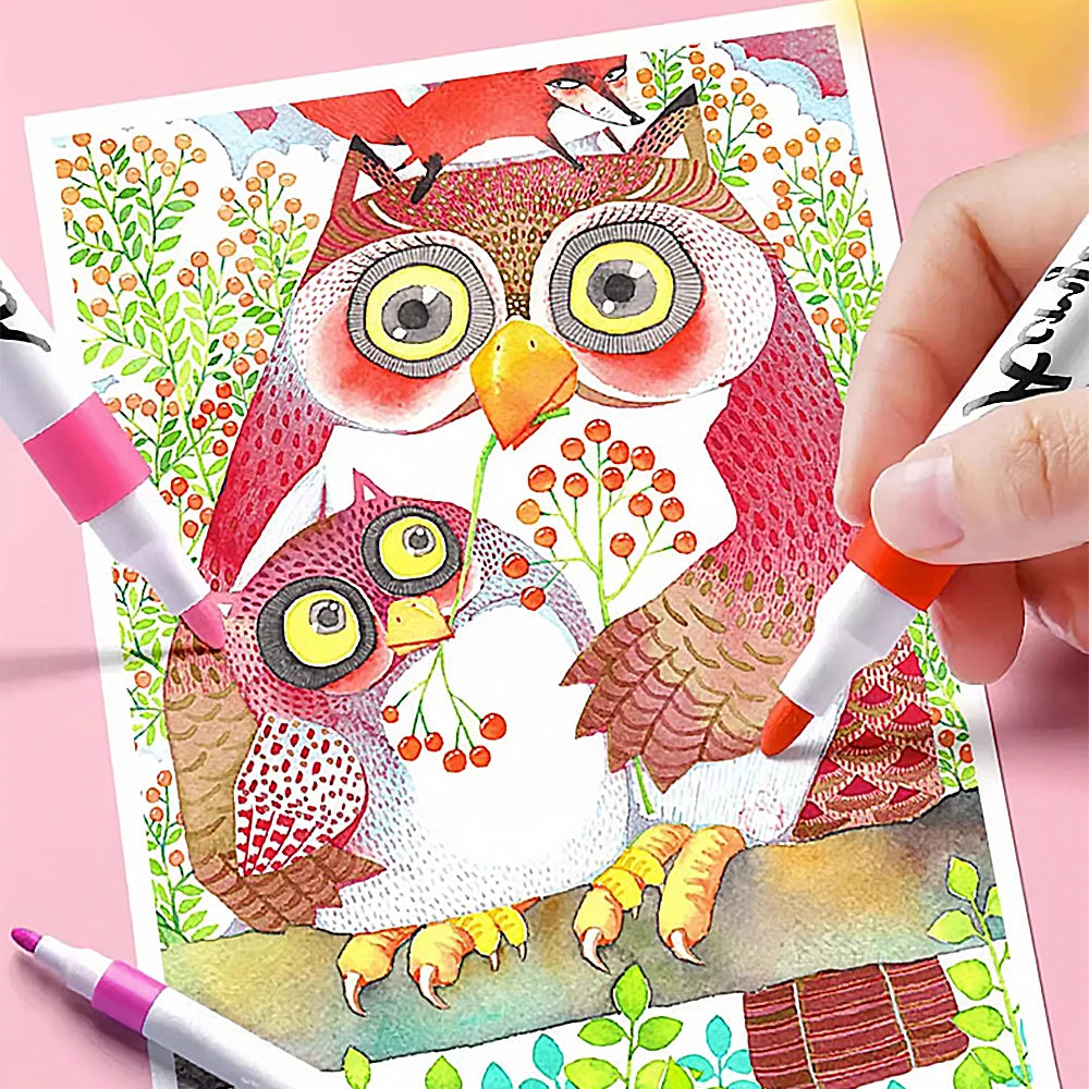 Coloring book page with a detailed illustration of owls and markers on a pink background