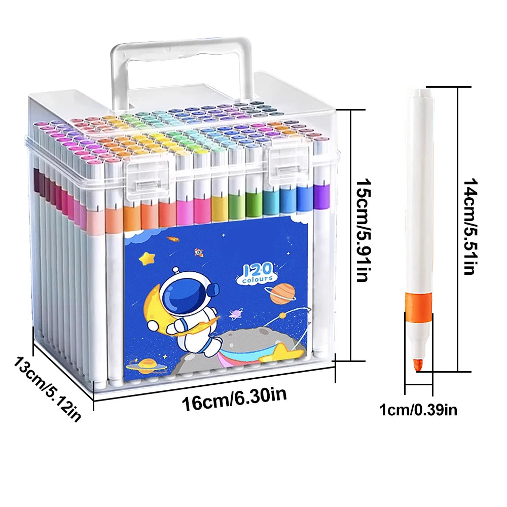 Set of colorful markers with a carrying case, dimensions displayed.