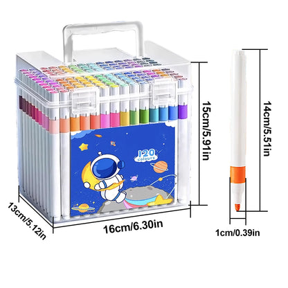 Set of colorful markers with a carrying case, dimensions displayed.