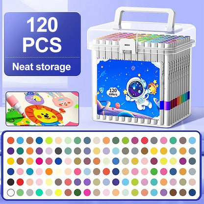 Set of 120 colored markers in a storage case with color swatch on a blue background