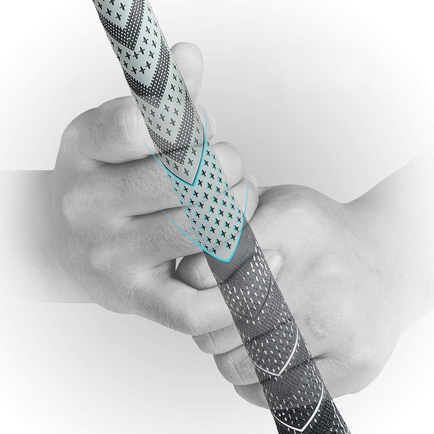 Hand holding a textured gray object with a white background