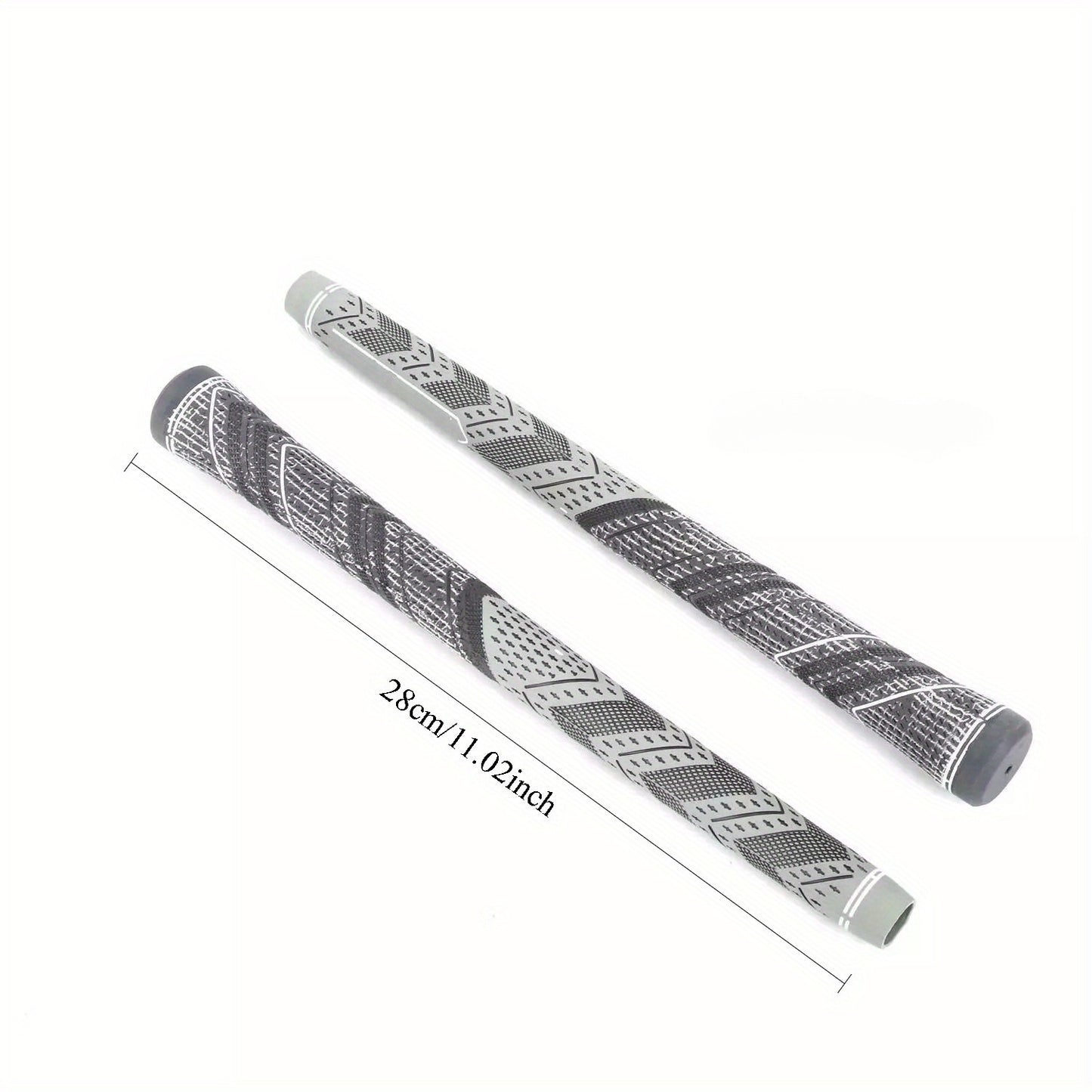 Two golf grips with a pattern on a white background, showing measurements.
