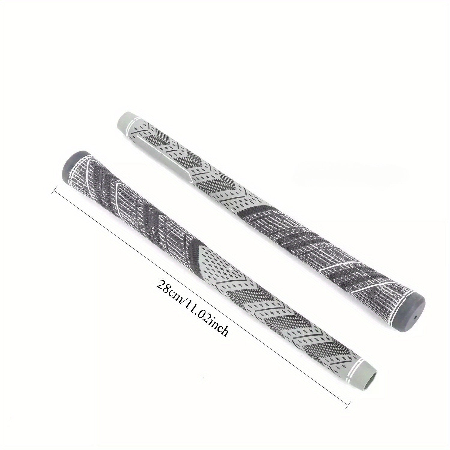 Two golf grips with a pattern on a white background, showing measurements.
