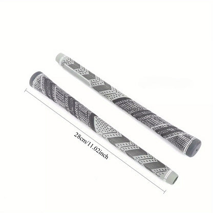 Two golf grips with a pattern on a white background, showing measurements.