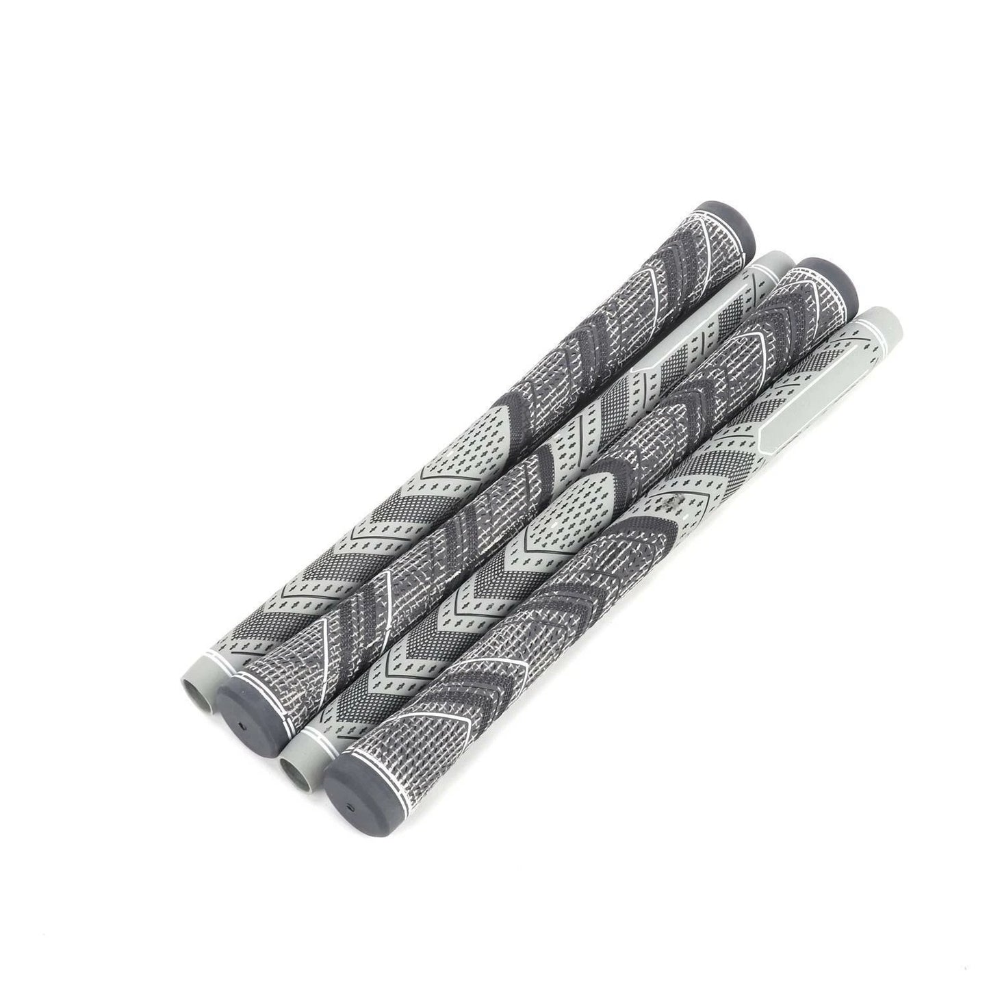 Four gray and white patterned golf club grips on a white background