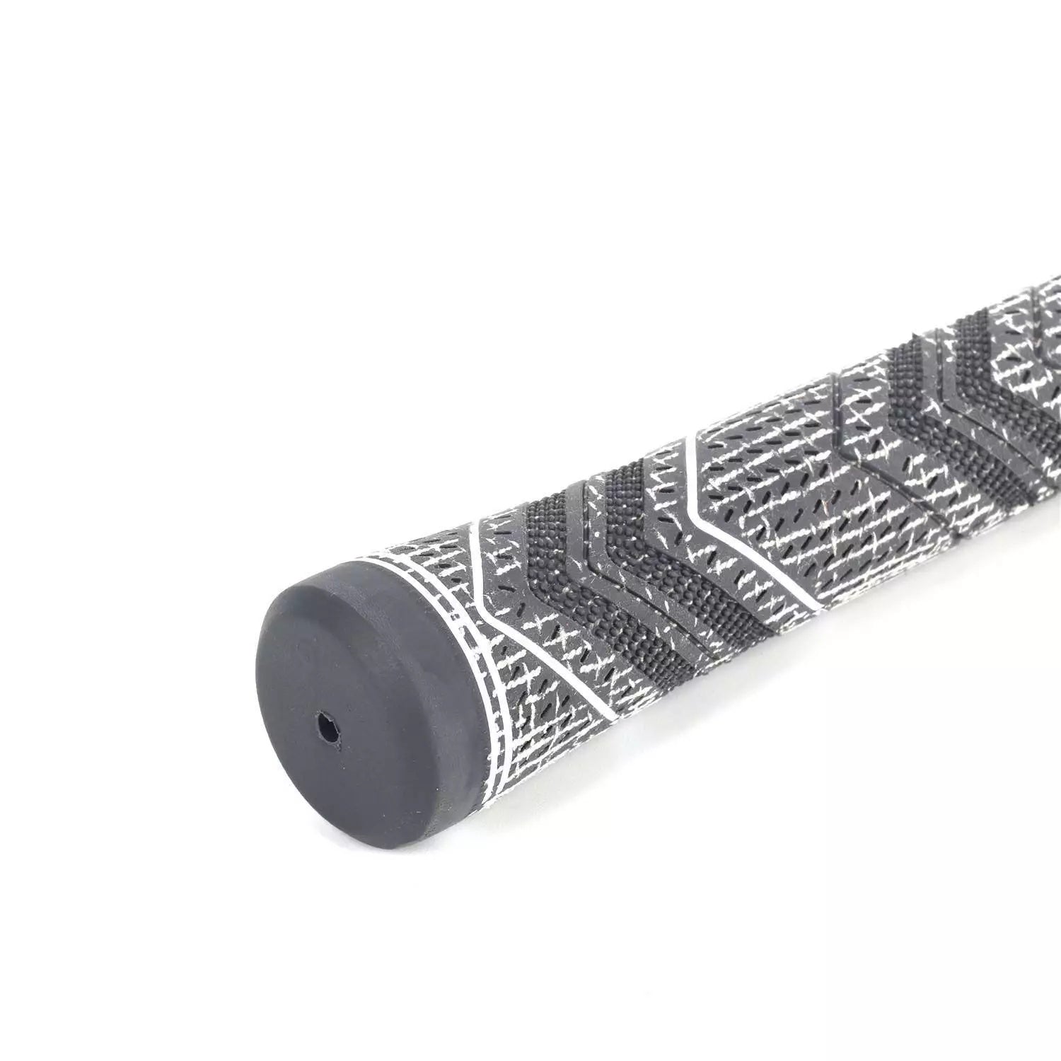 Textured black and white handle grip on a white background