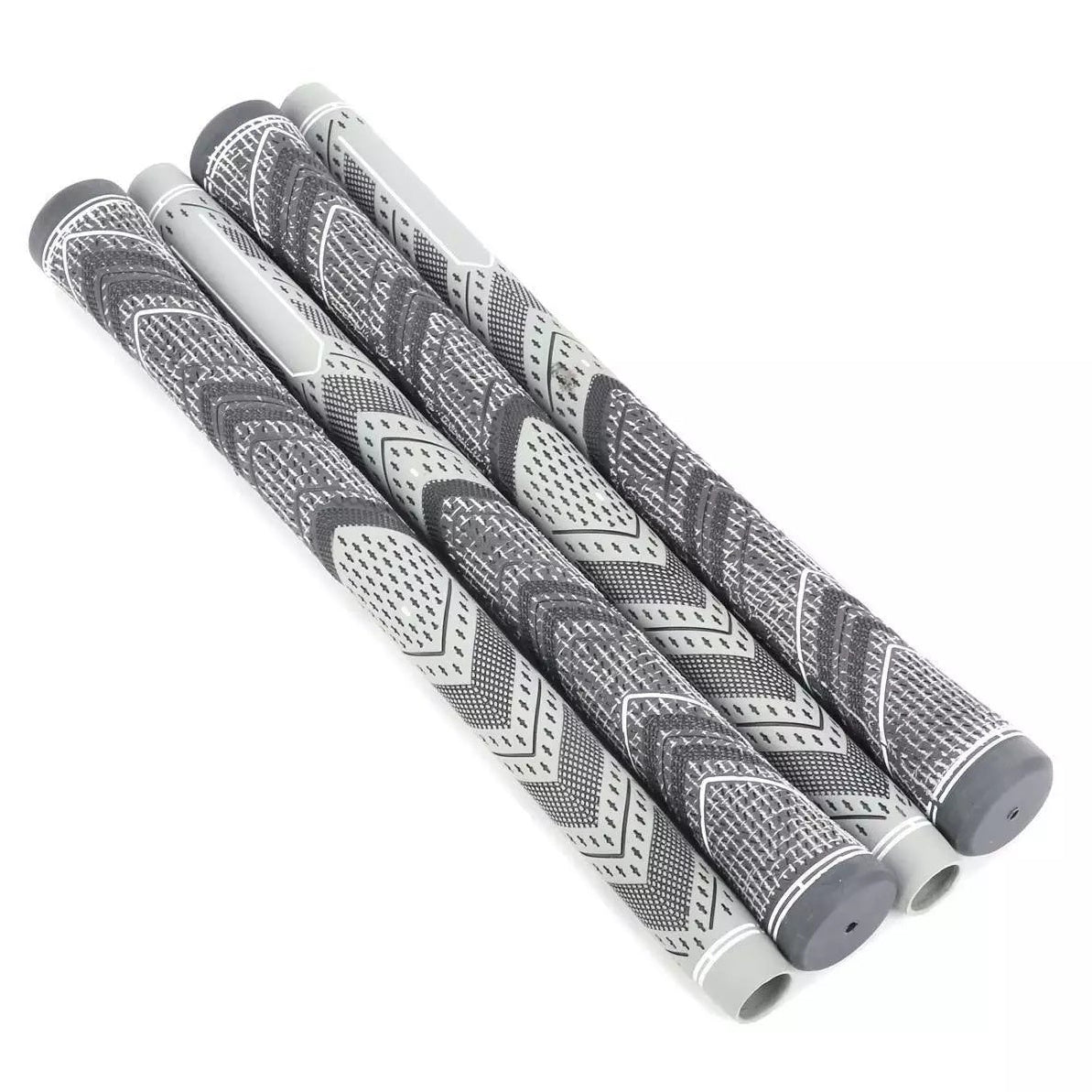 Set of four gray patterned golf club grips on a white background