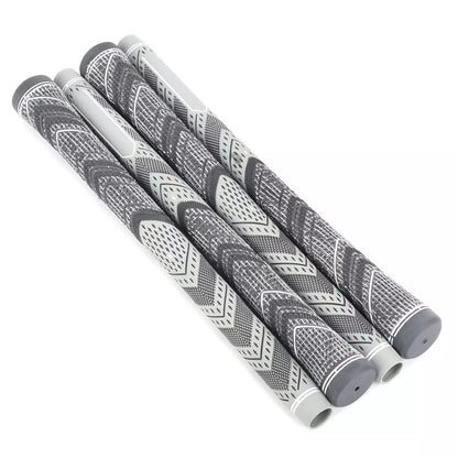 Set of four gray patterned golf club grips on a white background