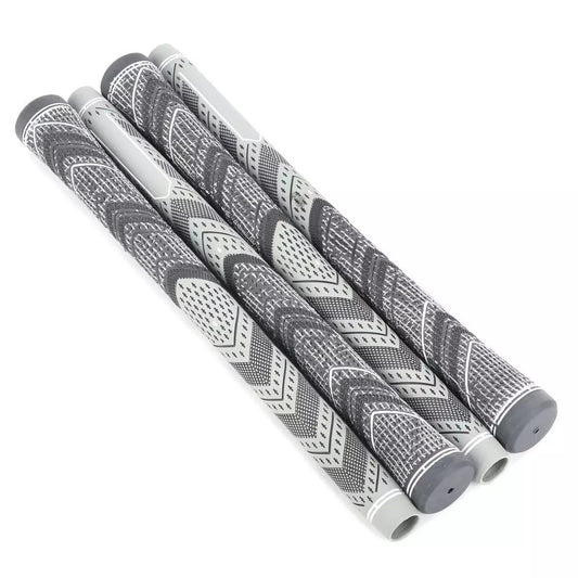Set of four gray patterned golf club grips on a white background