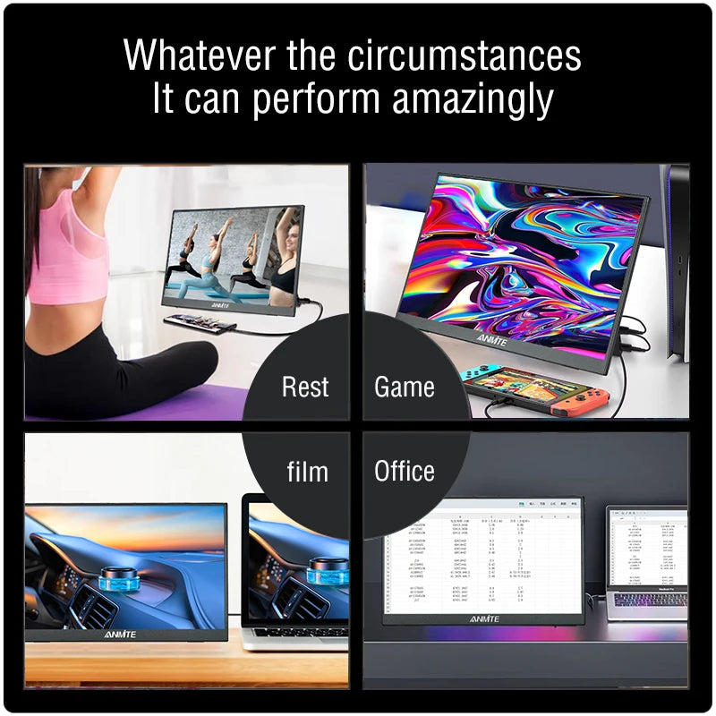 Collage of a monitor in various settings with text 'Whatever the circumstances It can perform amazingly'.