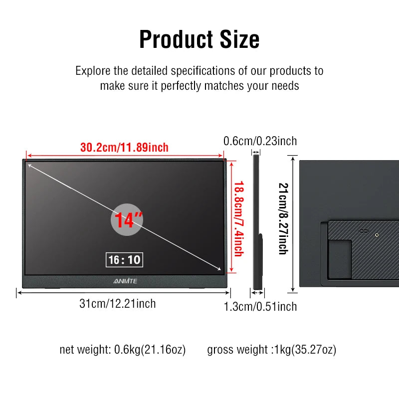 Measurement chart of a display panel with dimensions and specifications.