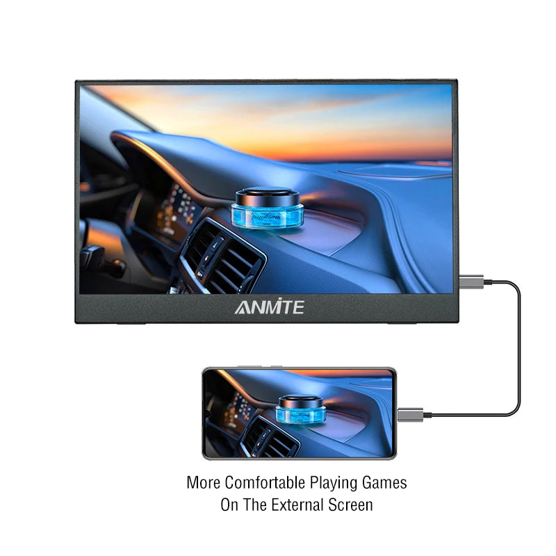 Two screens displaying a car interior with a blue light, connected by a cable, on a white background. Brand 'ANMITE' is visible.
