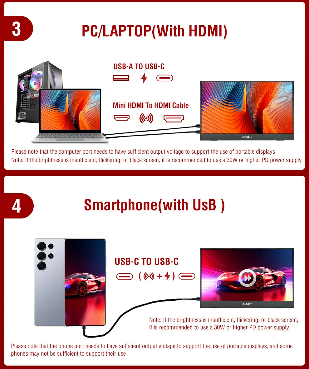 Diagram showing connections between a laptop, monitor, and smartphone with USB-C and HDMI cables.