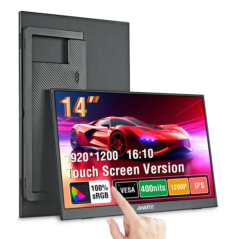 14-inch touchscreen monitor with a car display, pointing at features on the screen.