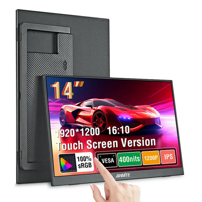 14-inch touchscreen monitor with a car display, pointing at features on the screen.