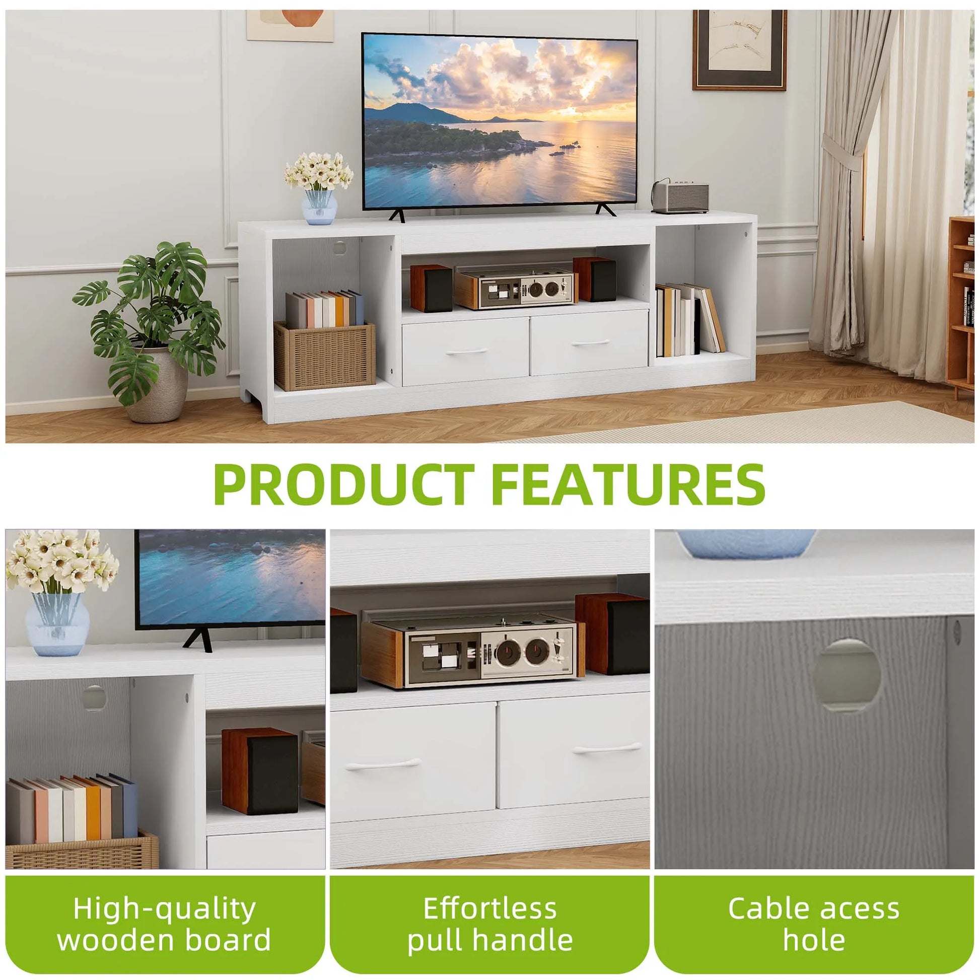 White TV stand with a television displaying a scenic view, surrounded by decorative items.