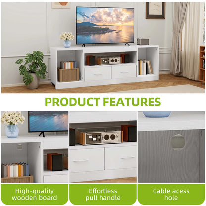 White TV stand with a television displaying a scenic view, surrounded by decorative items.