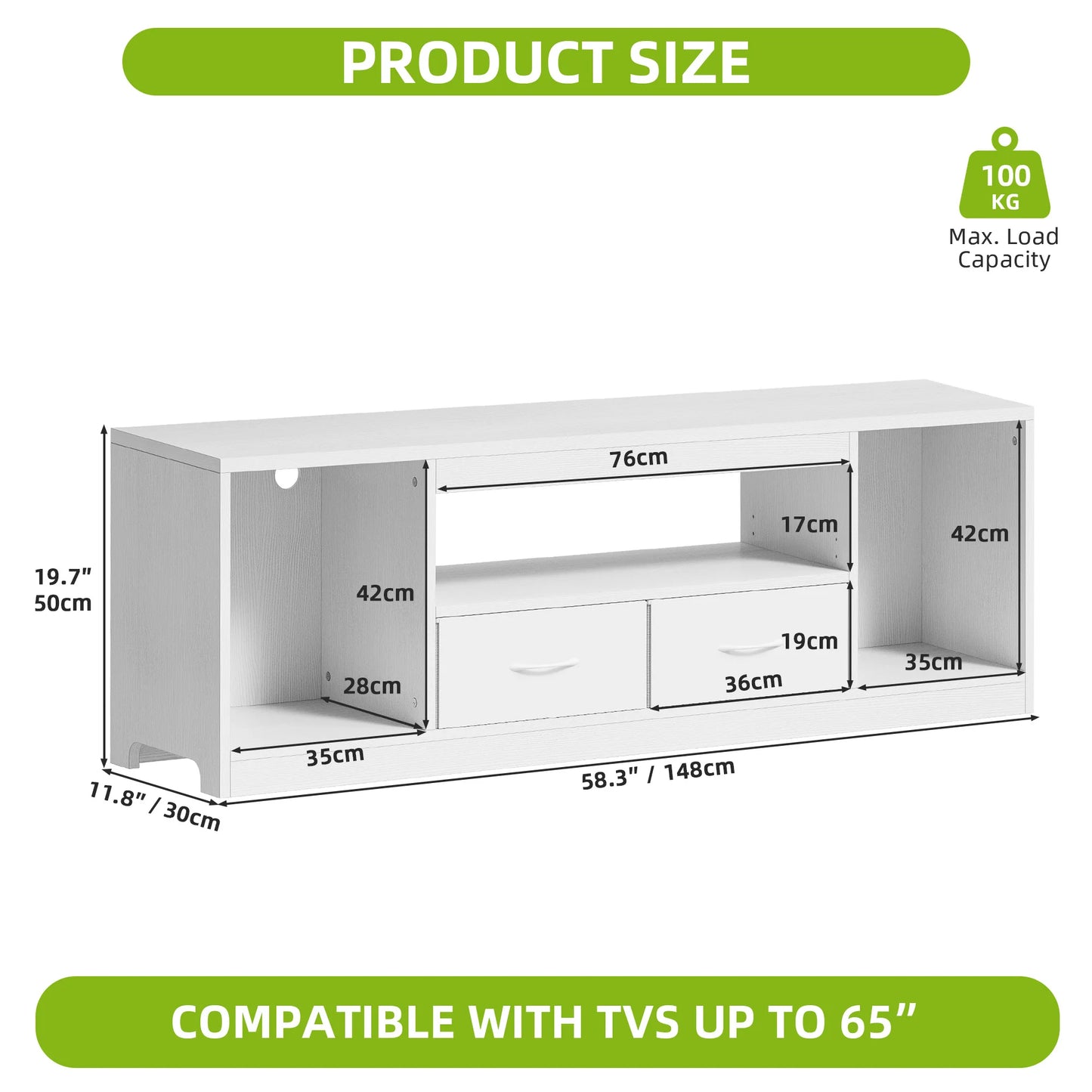 White TV stand with dimensions and compatibility information on a white background