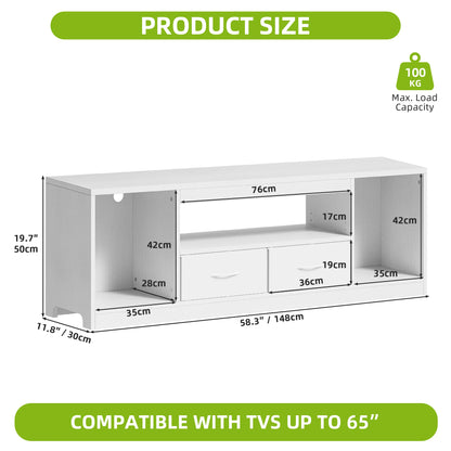 White TV stand with dimensions and compatibility information on a white background