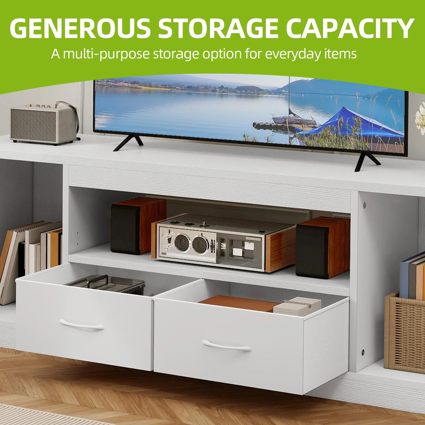 White entertainment console with TV, speakers, and storage drawers, featuring text about generous storage capacity.
