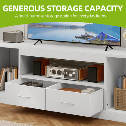 White entertainment console with TV, speakers, and storage drawers, featuring text about generous storage capacity.