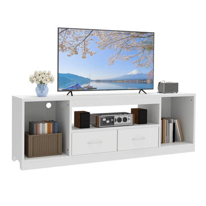 White entertainment console with TV and decorative items on a white background