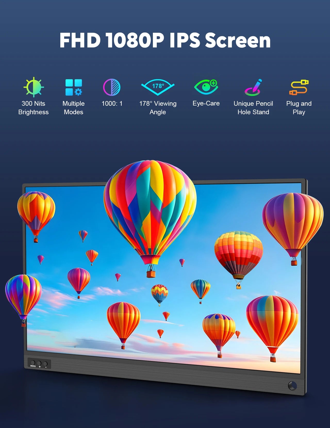 Monitor with colorful hot air balloons on the screen against a blue sky, featuring FHD 1080P IPS screen specifications.