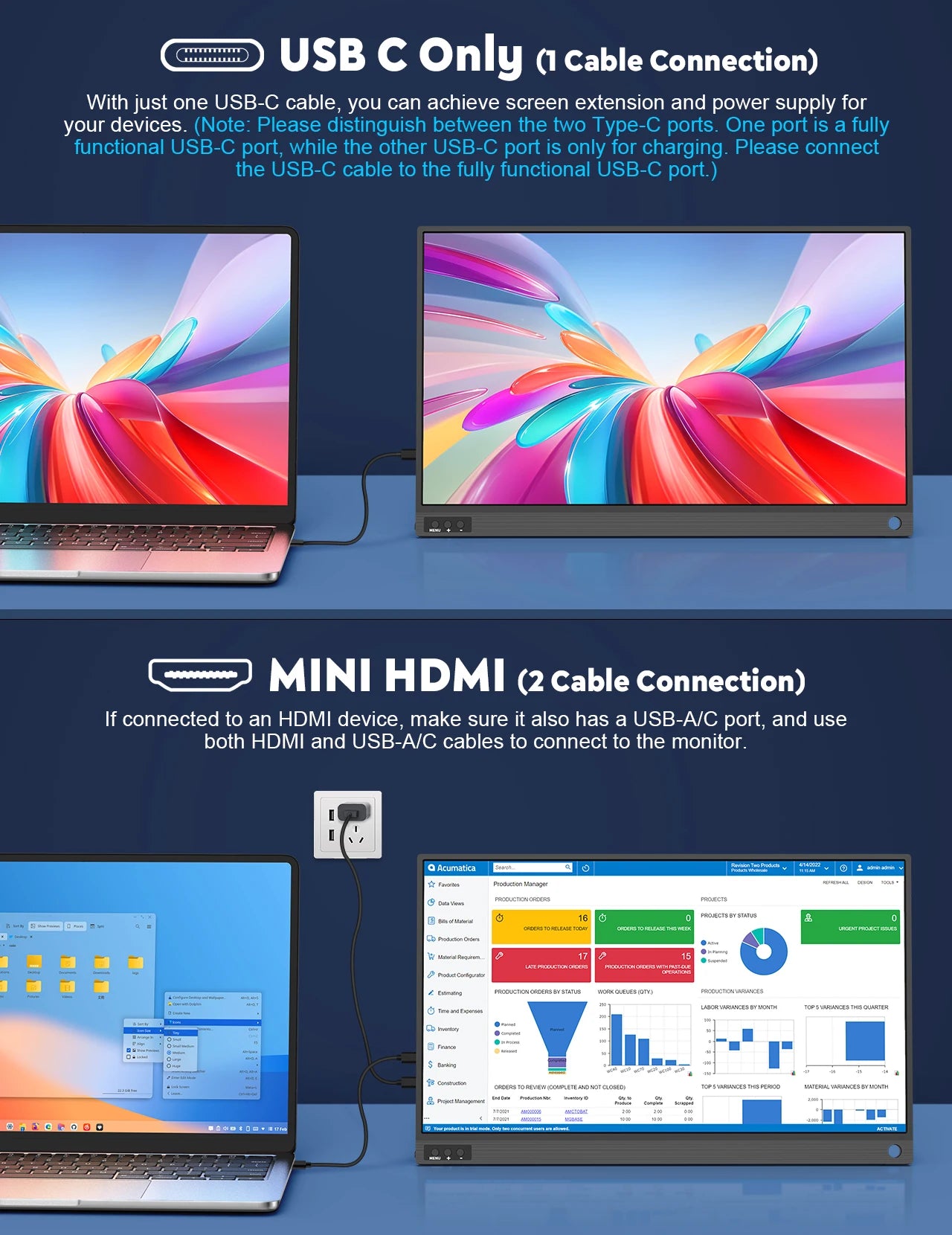 Two computer monitors connected to a laptop with USB C and HDMI cables on a blue background.