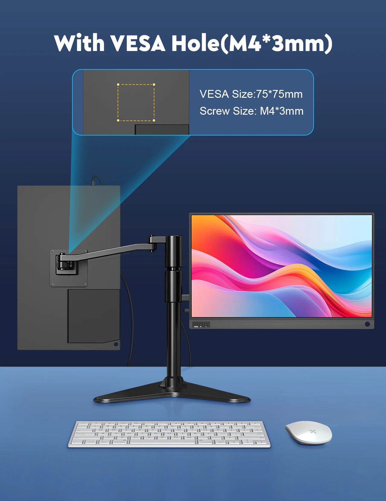 Monitor stand with VESA hole and screen on a blue background