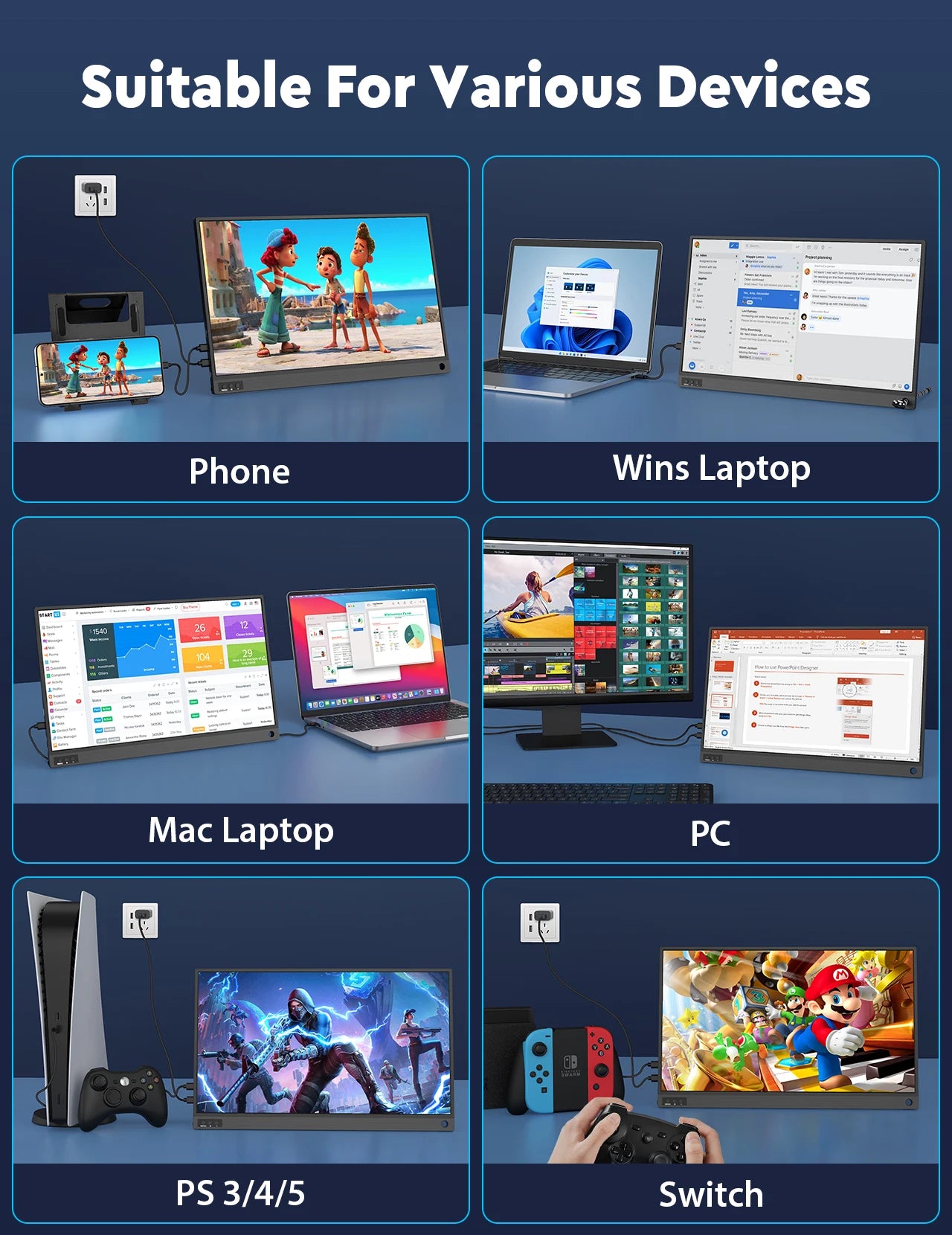 Display of software application compatibility on various devices including phone, Windows laptop, Mac laptop, PC, PS3/4/5, and Switch.