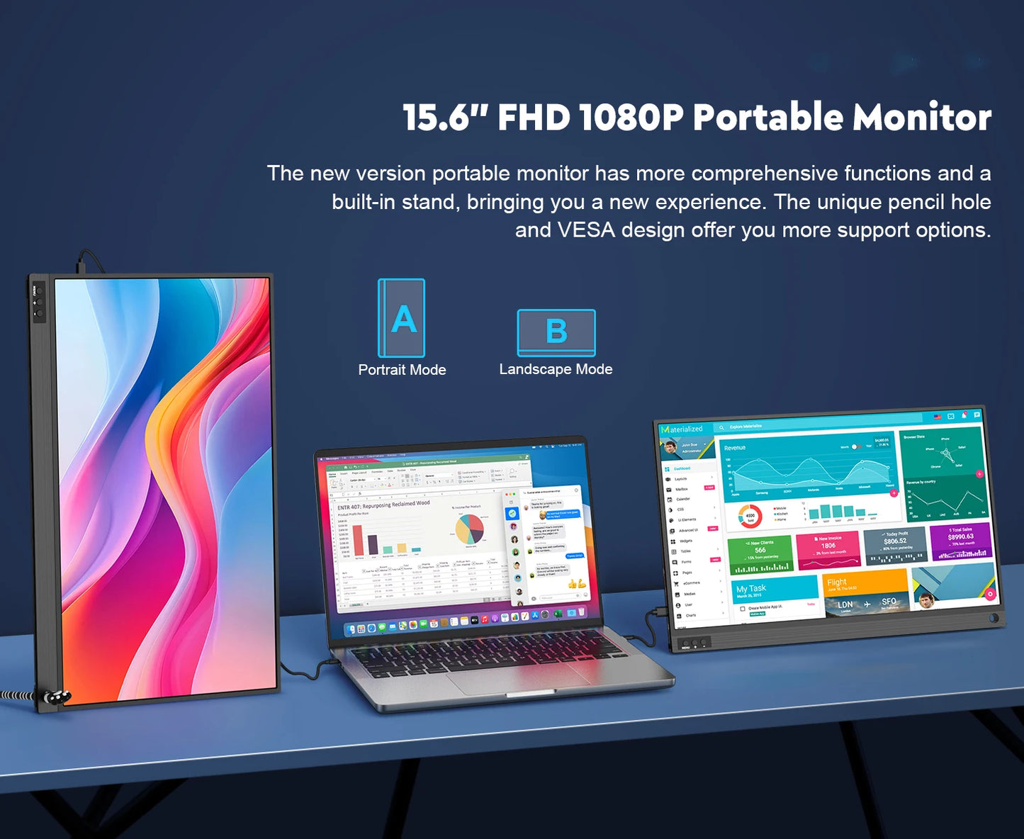 15.6" FHD 1080P Portable Monitor with laptop and computer setup on a blue surface